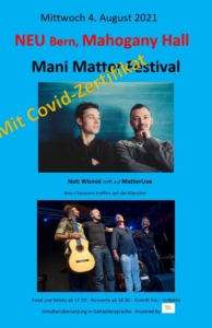 Bild Flyer Mani Matter Festival mit Hinweis zum neuen Ort Mahagoni Hall, Klösterlistutz, Bern sowie Covid-Zertifikat mit ID nötig.