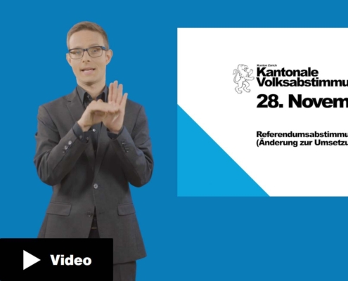Screenshot Youtube Video: Links erklärt Gebärdensprachdolmetscher eine Vorlage des Kantons Zürich